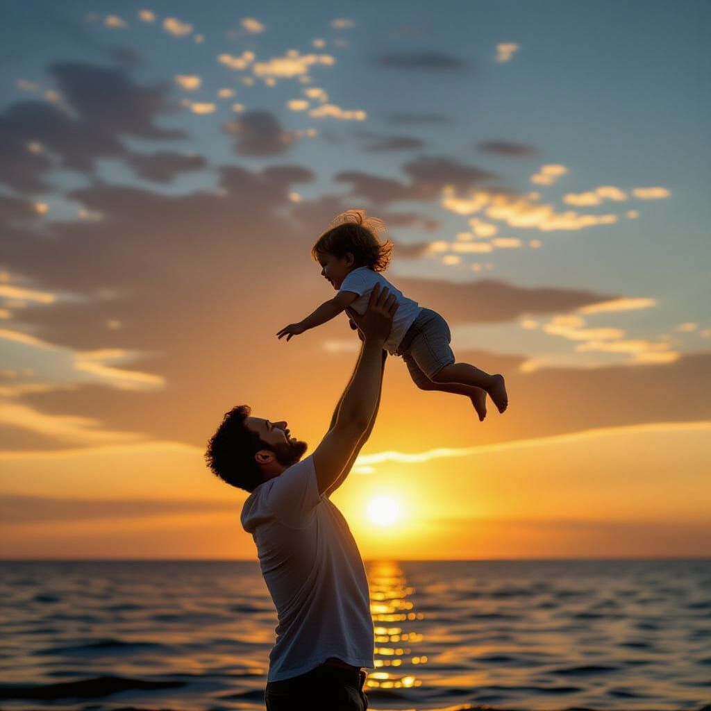 Father Lifts Child at Golden Sunset by the Sea
