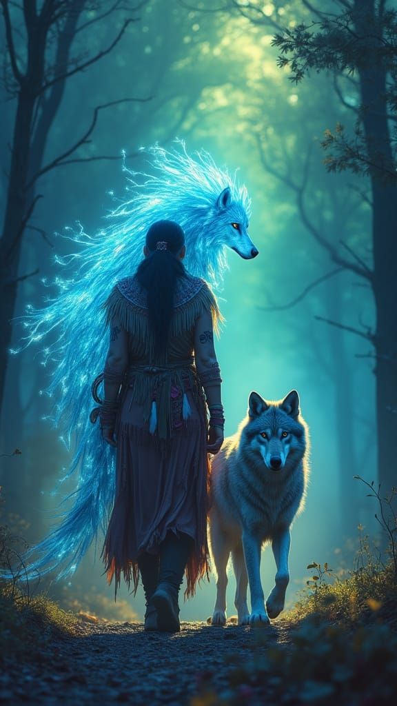 Mystical Blue Fire Elemental in Tribal Regalia, Guided by Na...