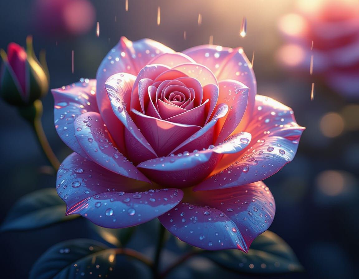 Diamond Rose with Crystal Facets and Water Droplets