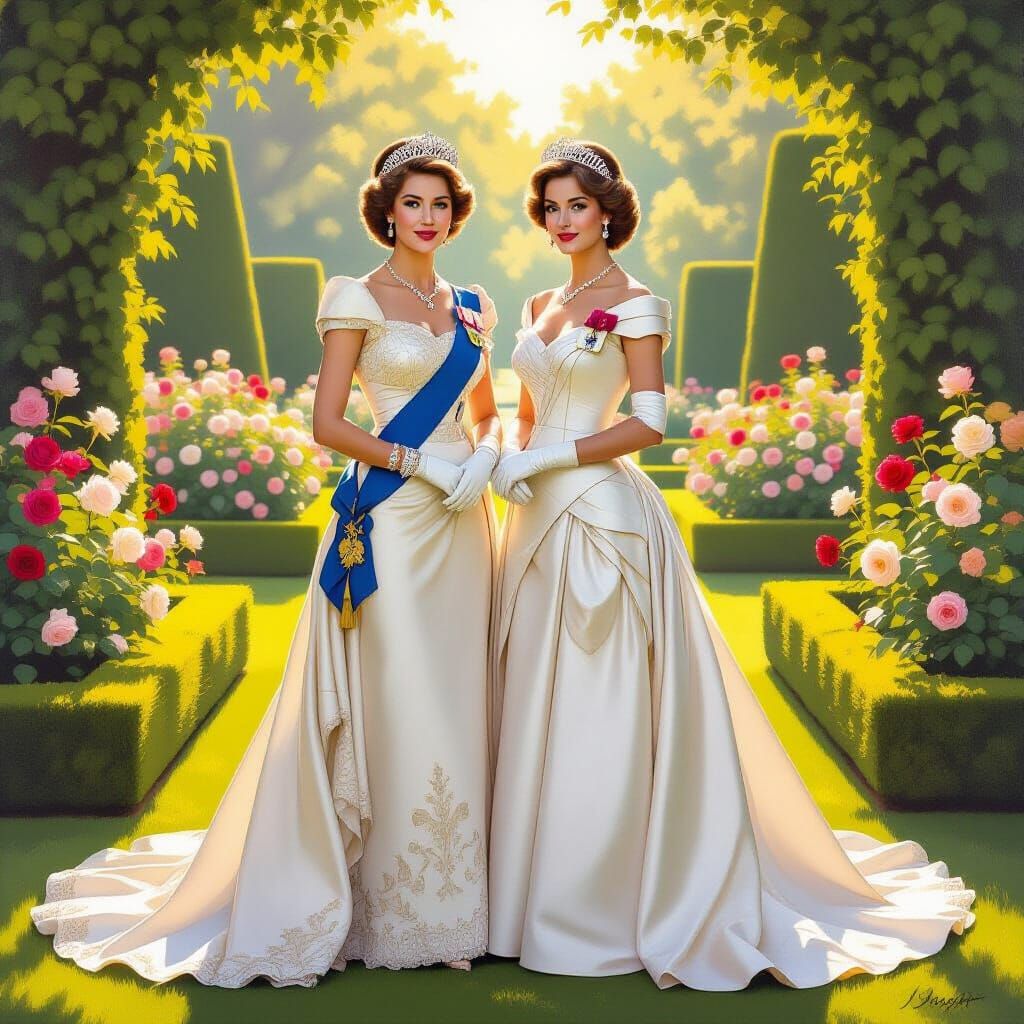 Queen Elizabeth and Princess Diana in a Formal Garden Oil Pa...