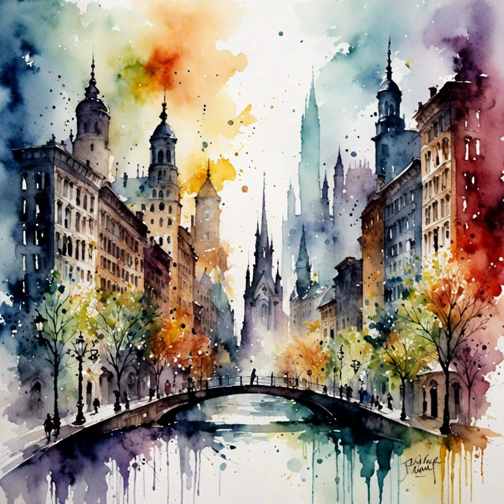 Colorful Watercolor Cityscape with Prismatic Effects