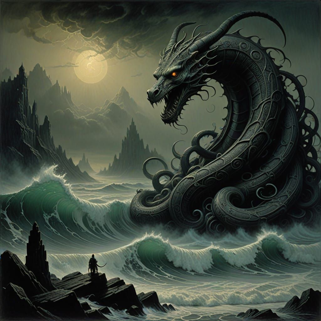 Mystical Midgard Serpent Rises from Dark Ocean Depths