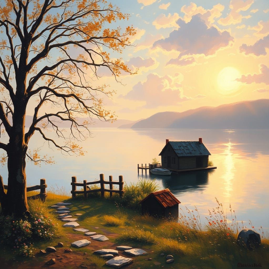Serene Lakeside Place in Golden Hour Light