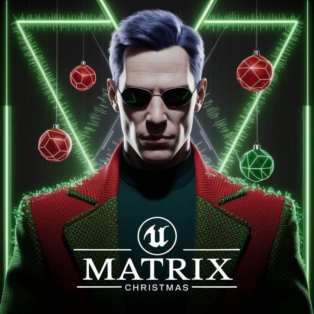 A poster of Neo in "The Matrix," but with Christmas decorations all around. The title reads, "Matrix Christmas". 3D Game...