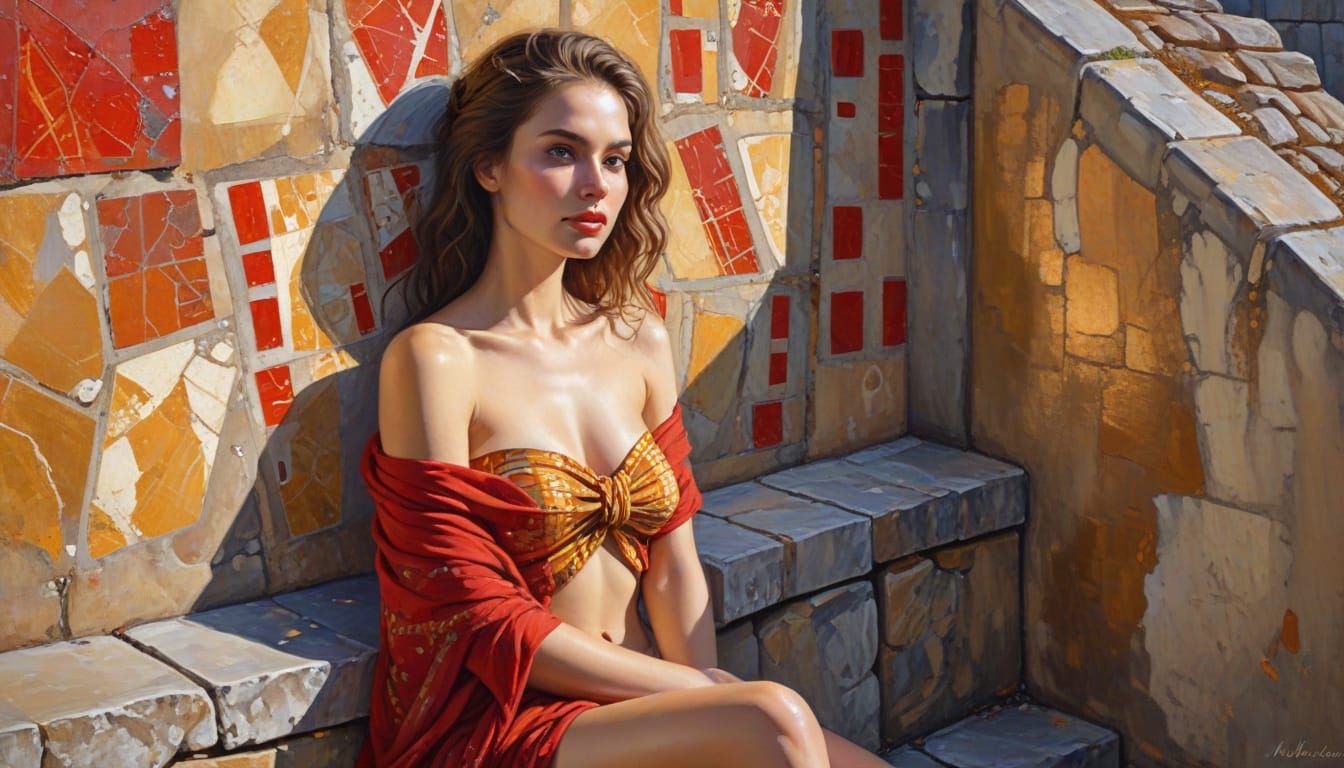 Svelte Woman in Gouache Painting with Golden Sunlight