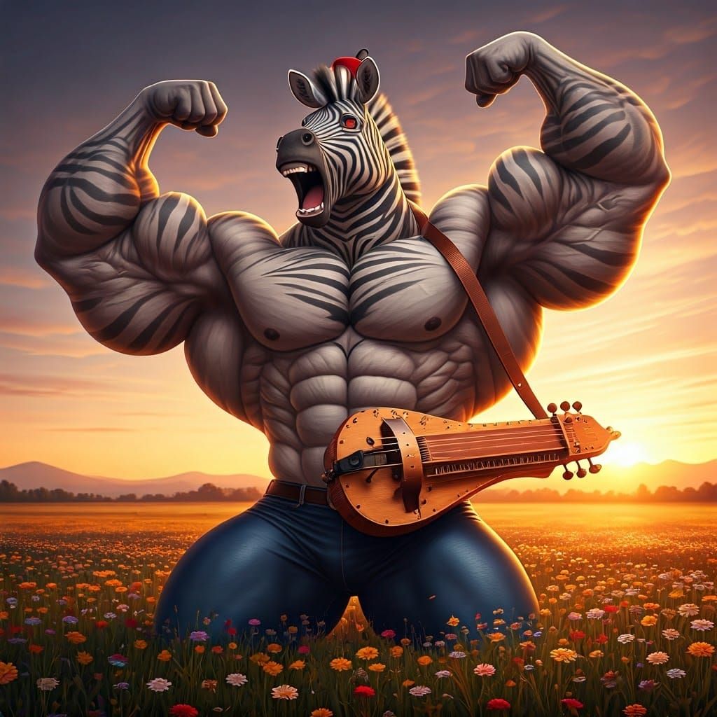 Hypermuscular Zebra Plays Hurdy-Gurdy at Sunset