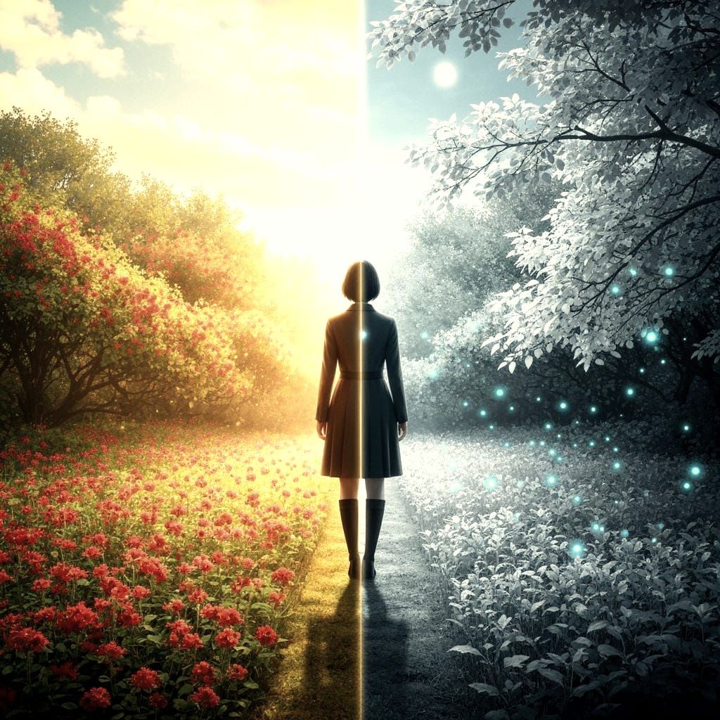 Fine Art Painting: Sunlit Garden Meets Moonlit Garden