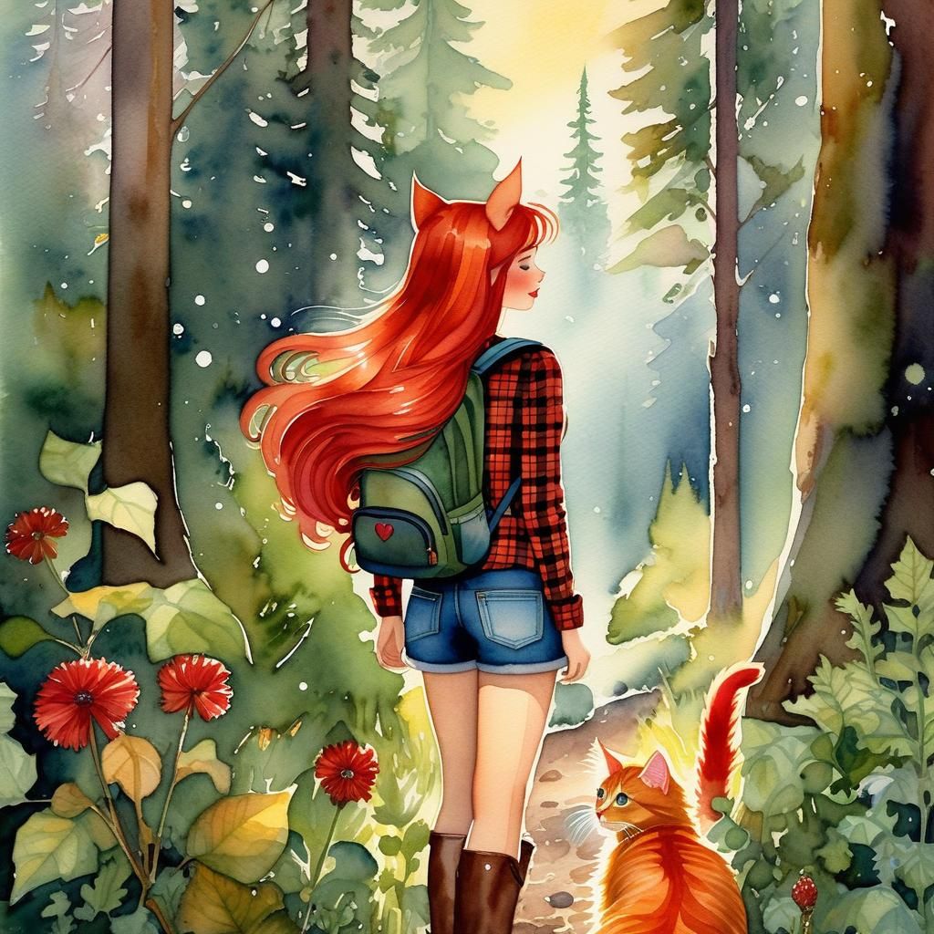 Kawaii Cat-Girl in Maine Forest, Watercolor Style