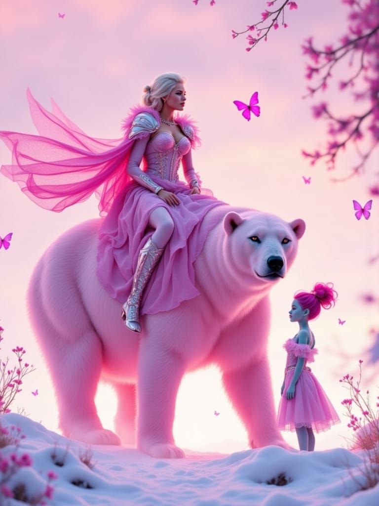 Warrior on Pink Polar Bear in Fantasy Art Style