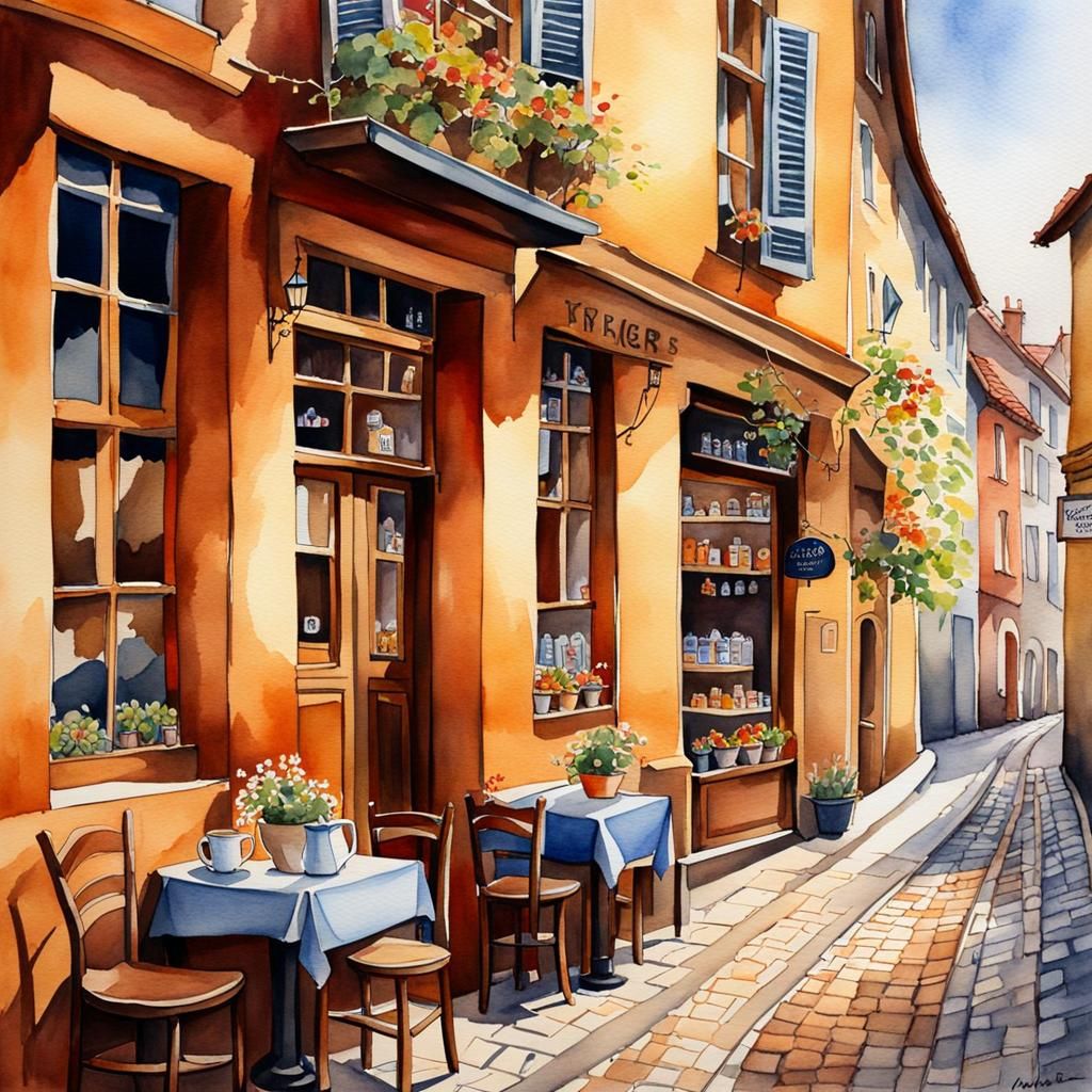 Charming Cafe Scene in Watercolor Style