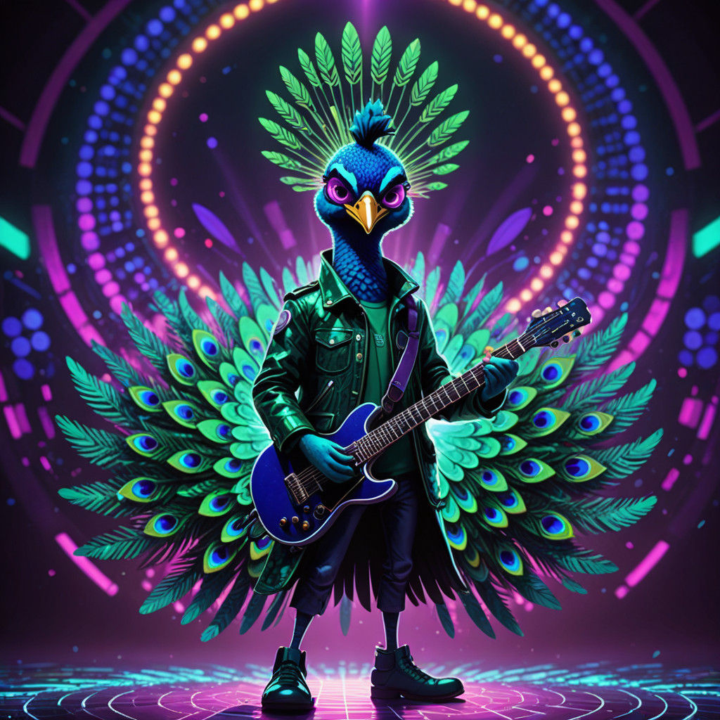 Electric Blue Peacock Rockstar on Neon Stage