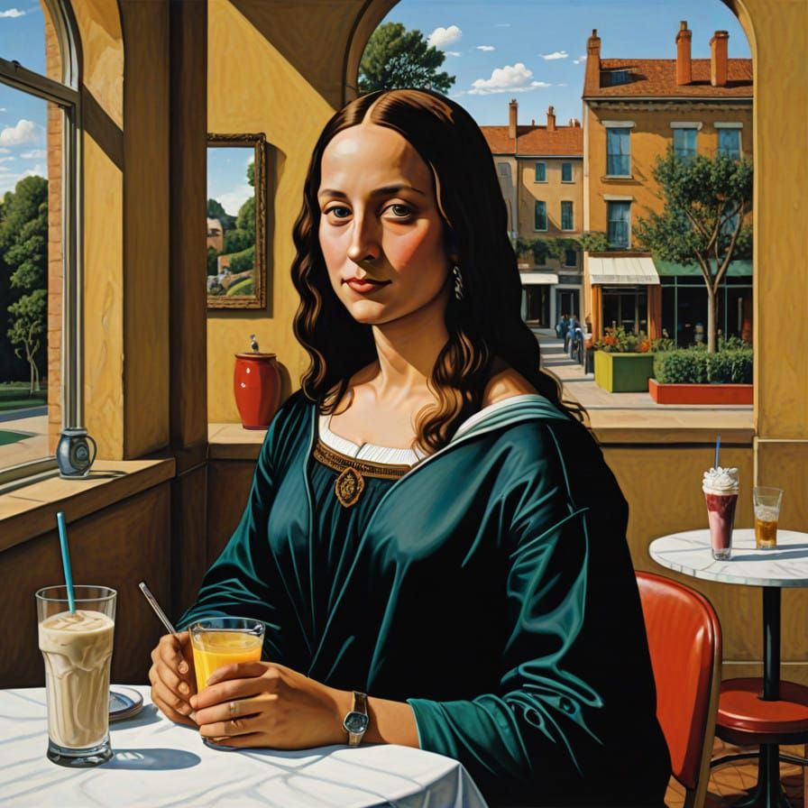 Modern Renaissance Woman in a Whimsical Café Scene