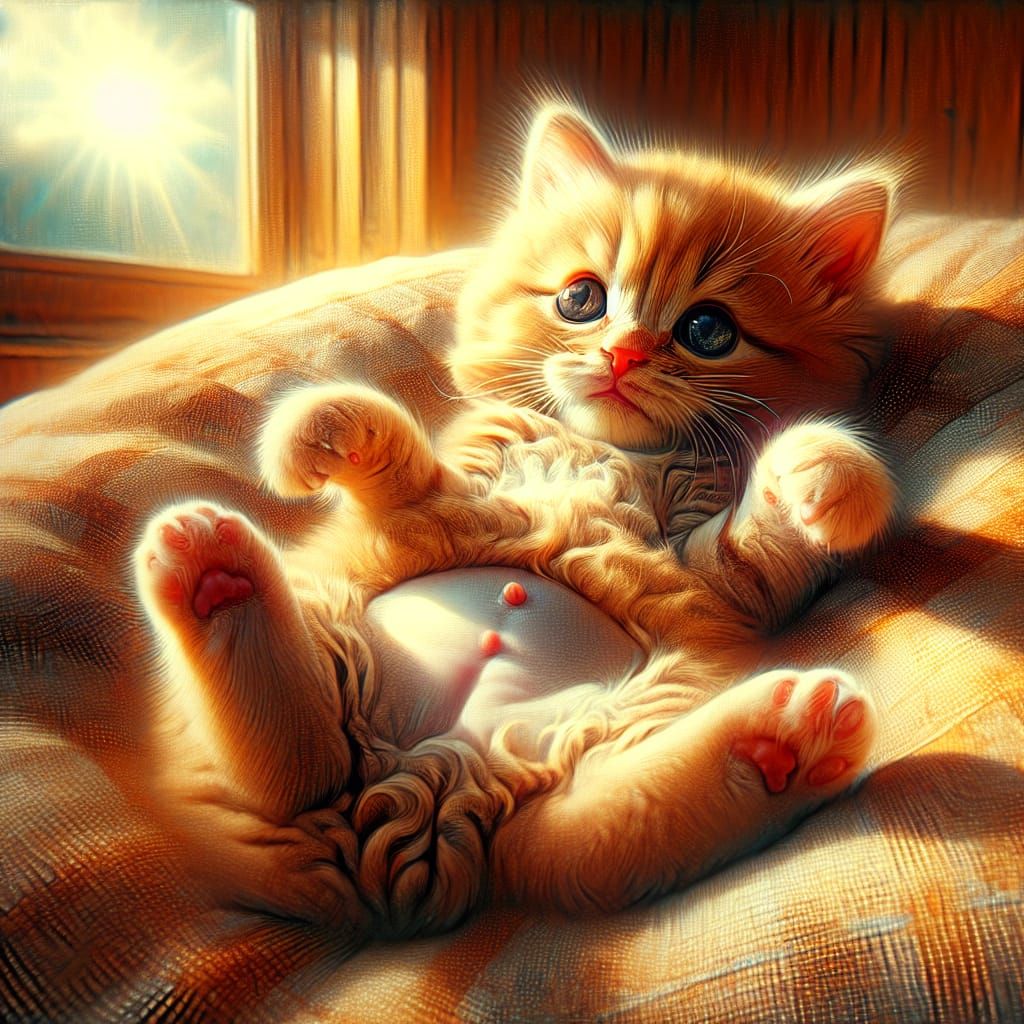Adorable Kitten on Pillow as Detailed Matte Painting