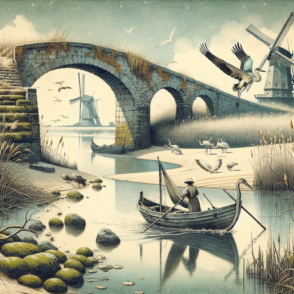 Baroque-Inspired Flemish Polder Scene with Windmills and Eld...