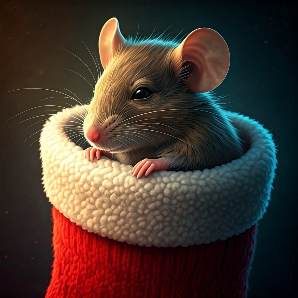 Hyperrealistic Mouse in a Festive Christmas Stocking