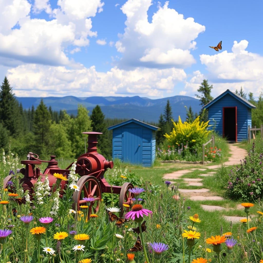 Vintage Fire Engine in a Sunny Flower Garden
