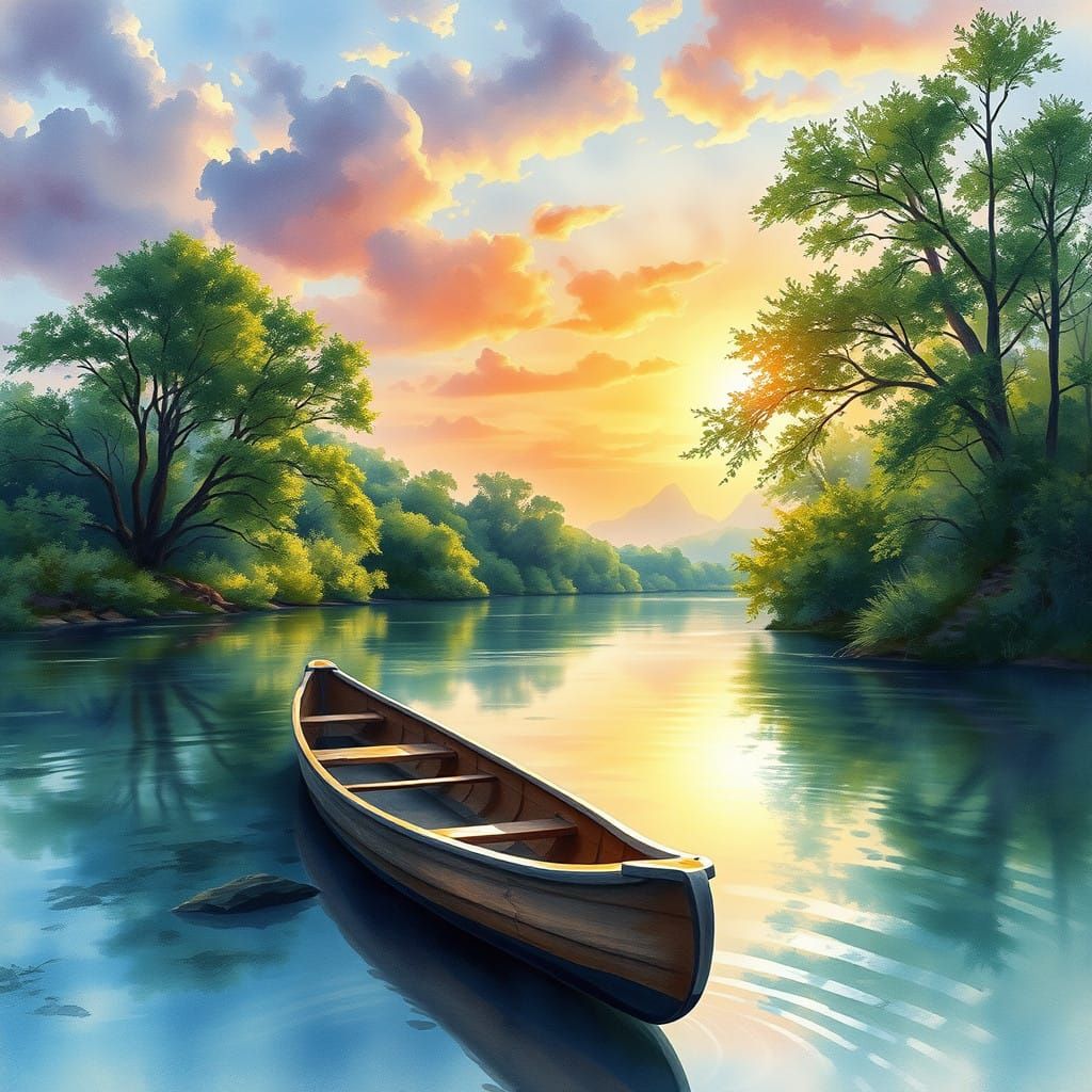 Serene Canoe Under a Vibrant, Golden Sky