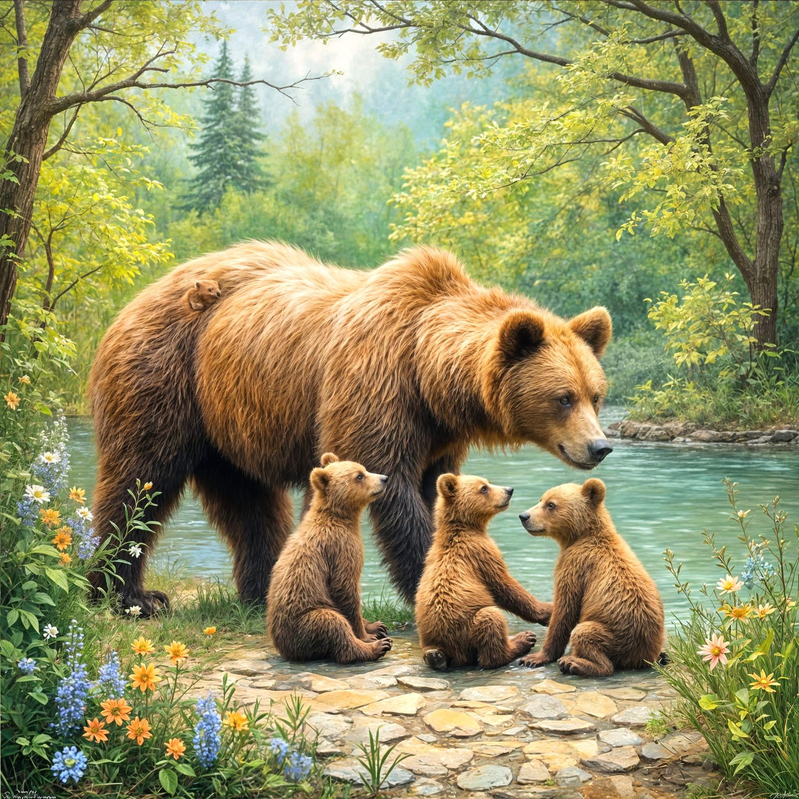 Mother Bear and Cubs in Joyful Riverbank Scene