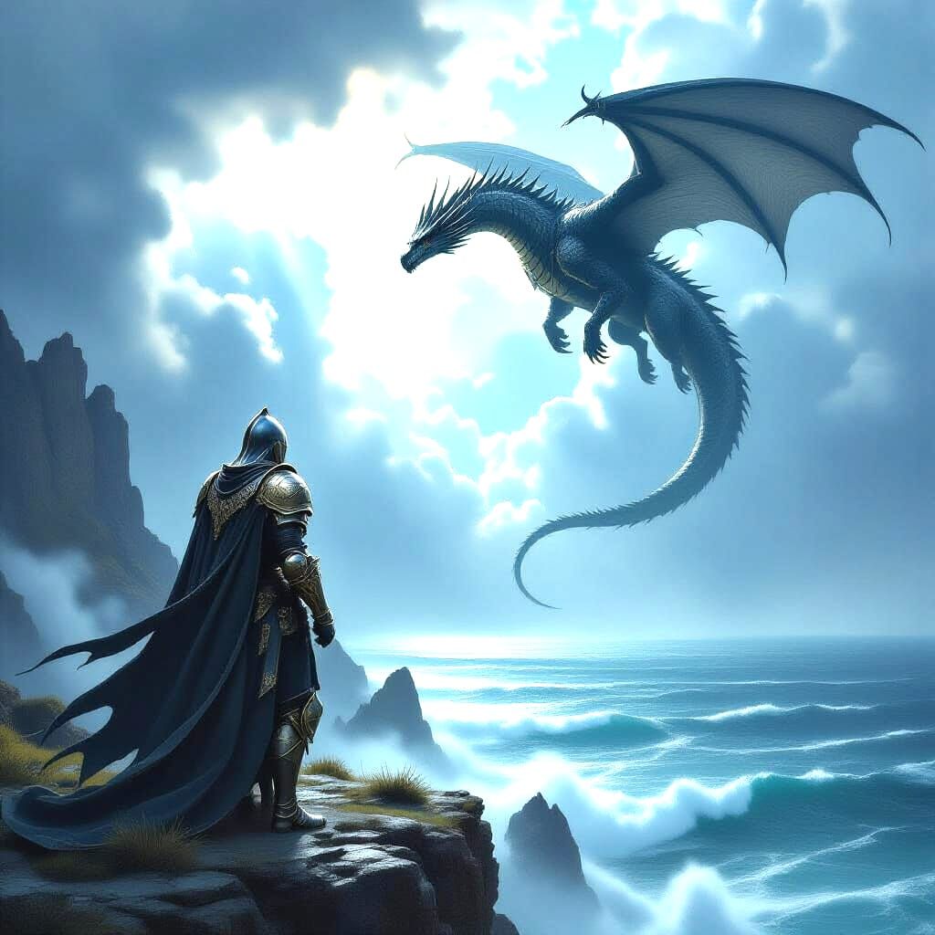 Knight Faces Dragon Over Stormy Ocean in Matte Painting Styl...