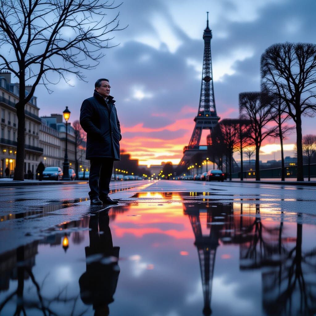 Cinematic Winter Street Photo: Man Reflects in Parisian Pudd...