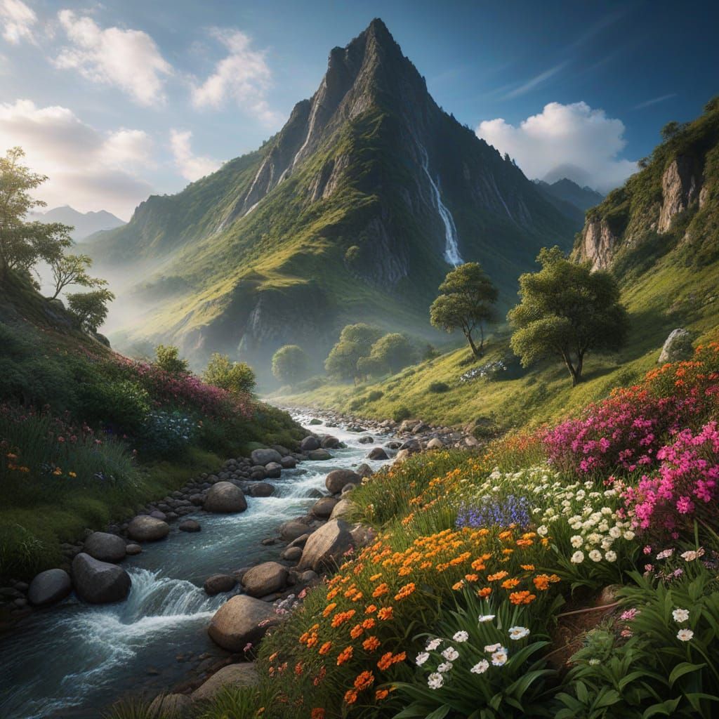 Hyperrealistic Landscape with Mountain, River, and Vibrant F...