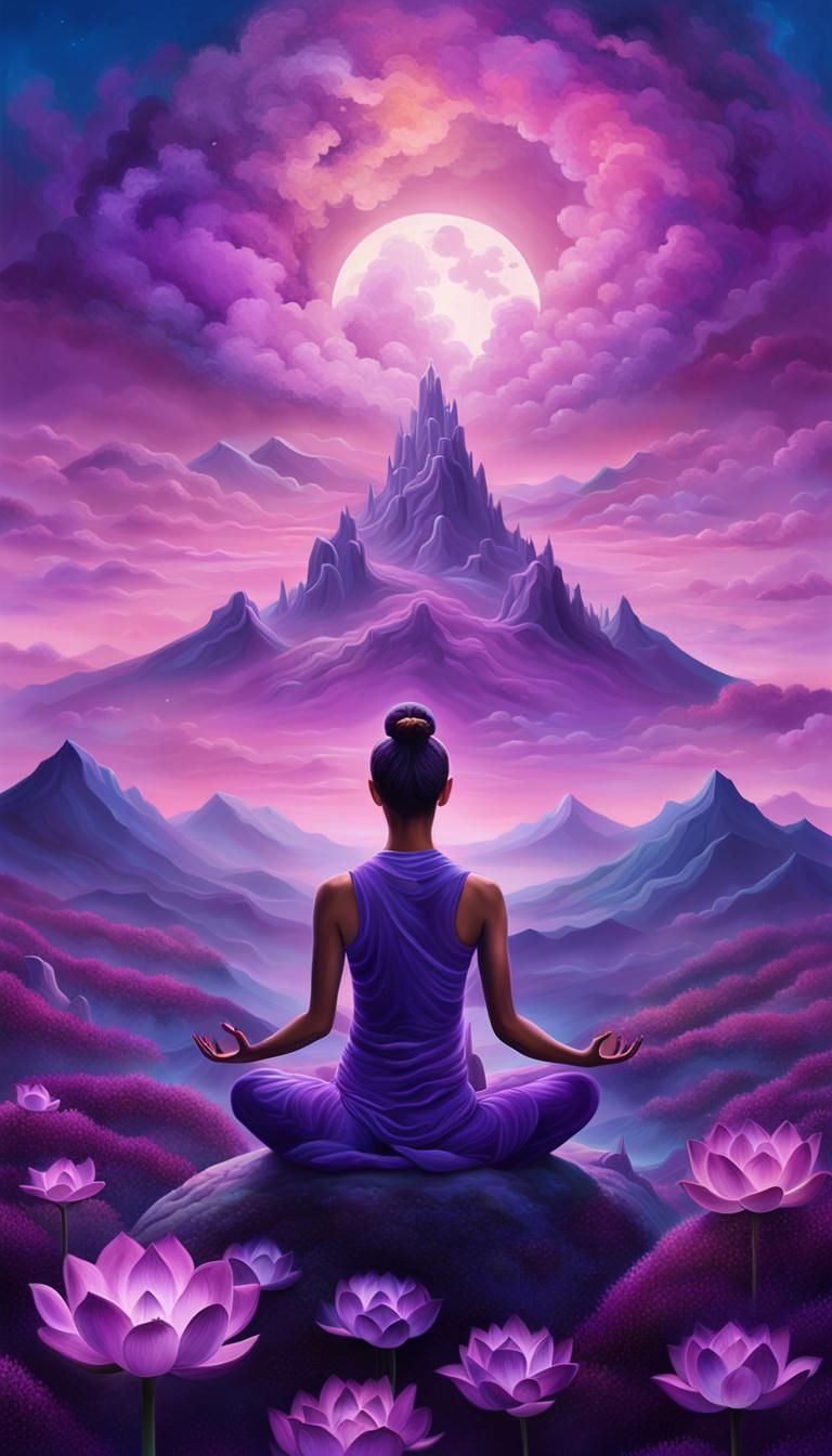Surreal Meditation: Woman on Mountain Peak