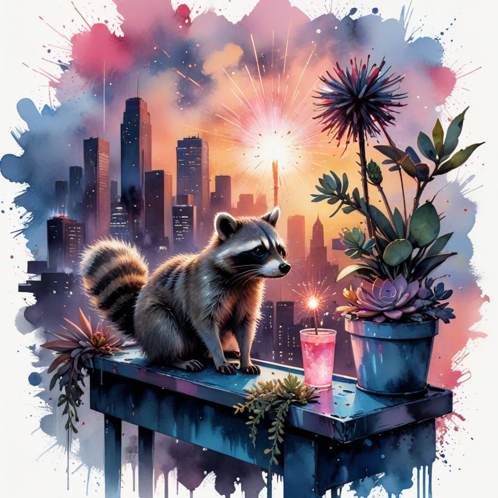 Neon Rooftop Raccoon's Night Adventure: Watercolor Style