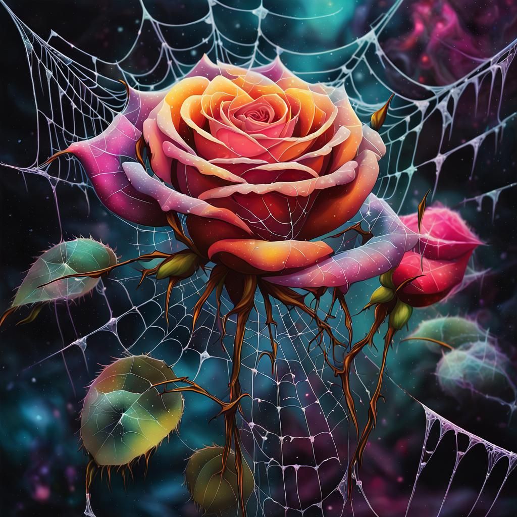 Beautiful cosmic rose flower with webs