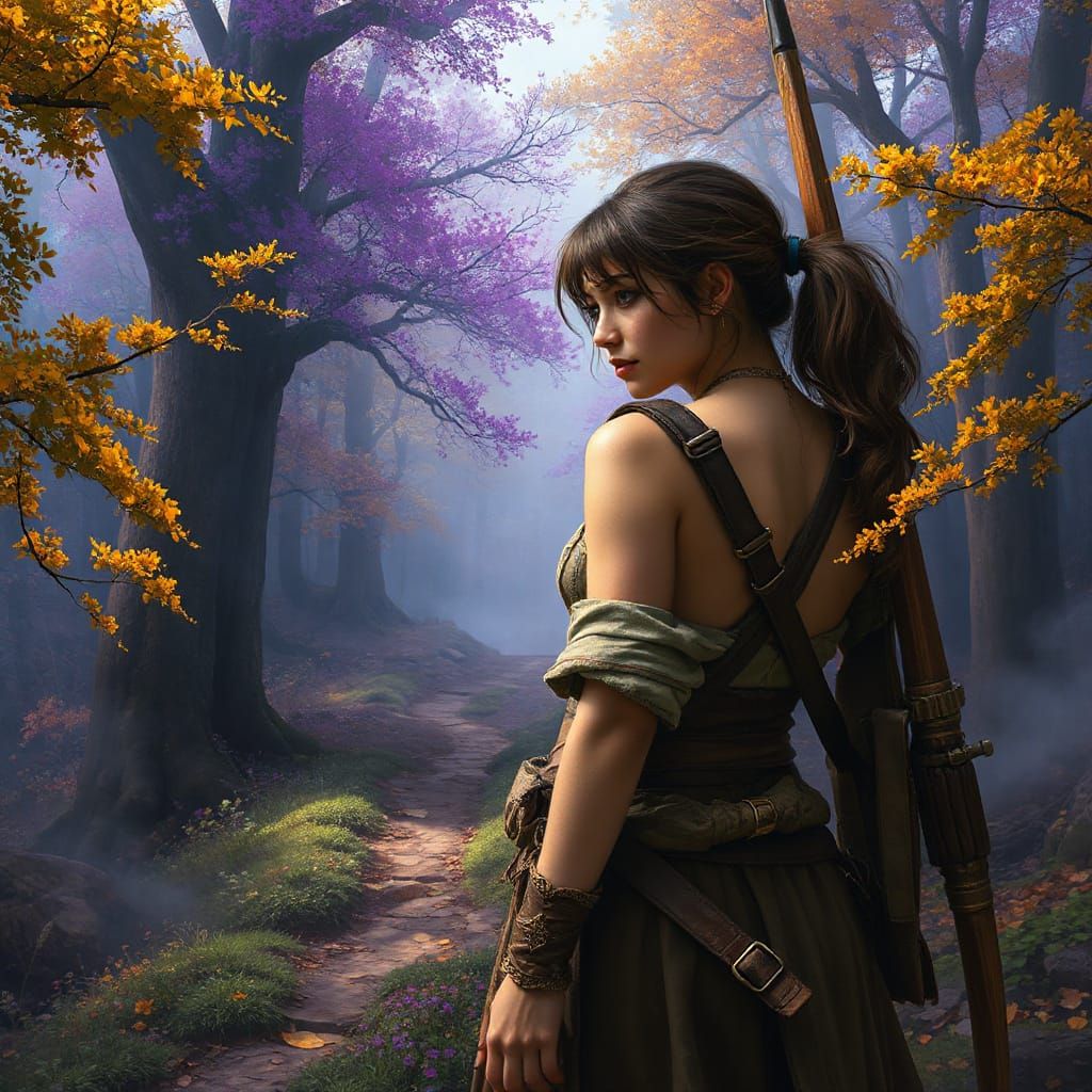 Mystical Archer in Dark Fantasy Forest, Detailed Art