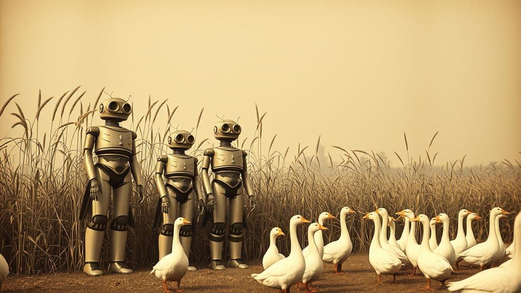 Retro Folkloric Robots Family Amidst Giant Insect and Geese