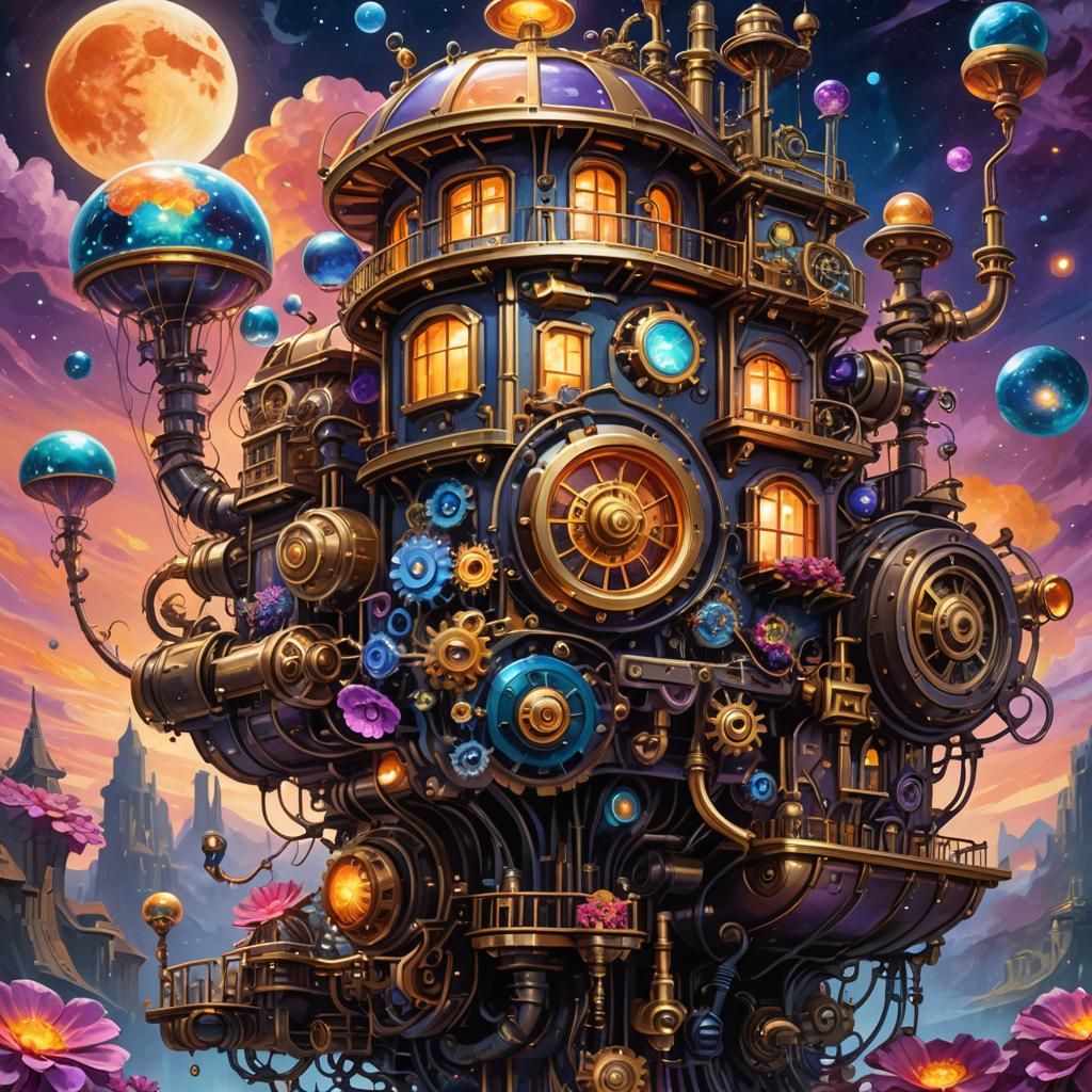 Bioluminescent Jellyfish House in Space, Steampunk Engine Co...