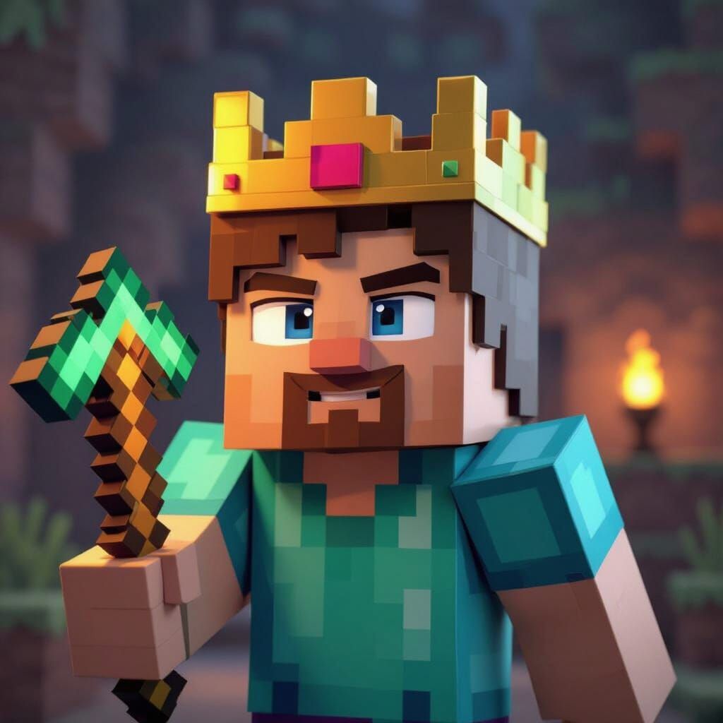 Steve from Minecraft with White Eyes and Golden Crown