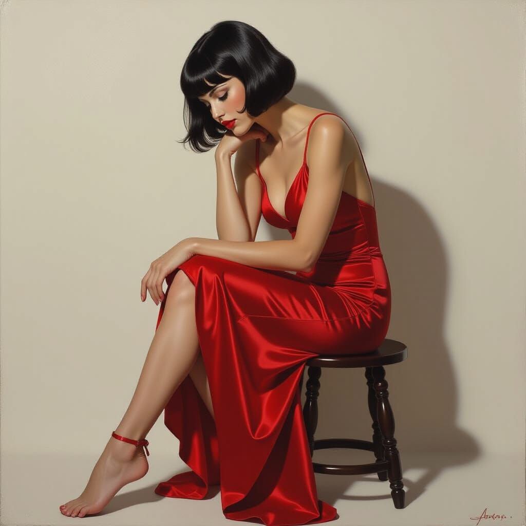 Contemplative Woman in Red Dress, Art Nouveau Style