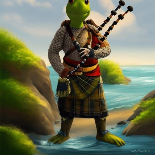 Bagpipe-Playing Turtle Pirate Walks Sandy Beach