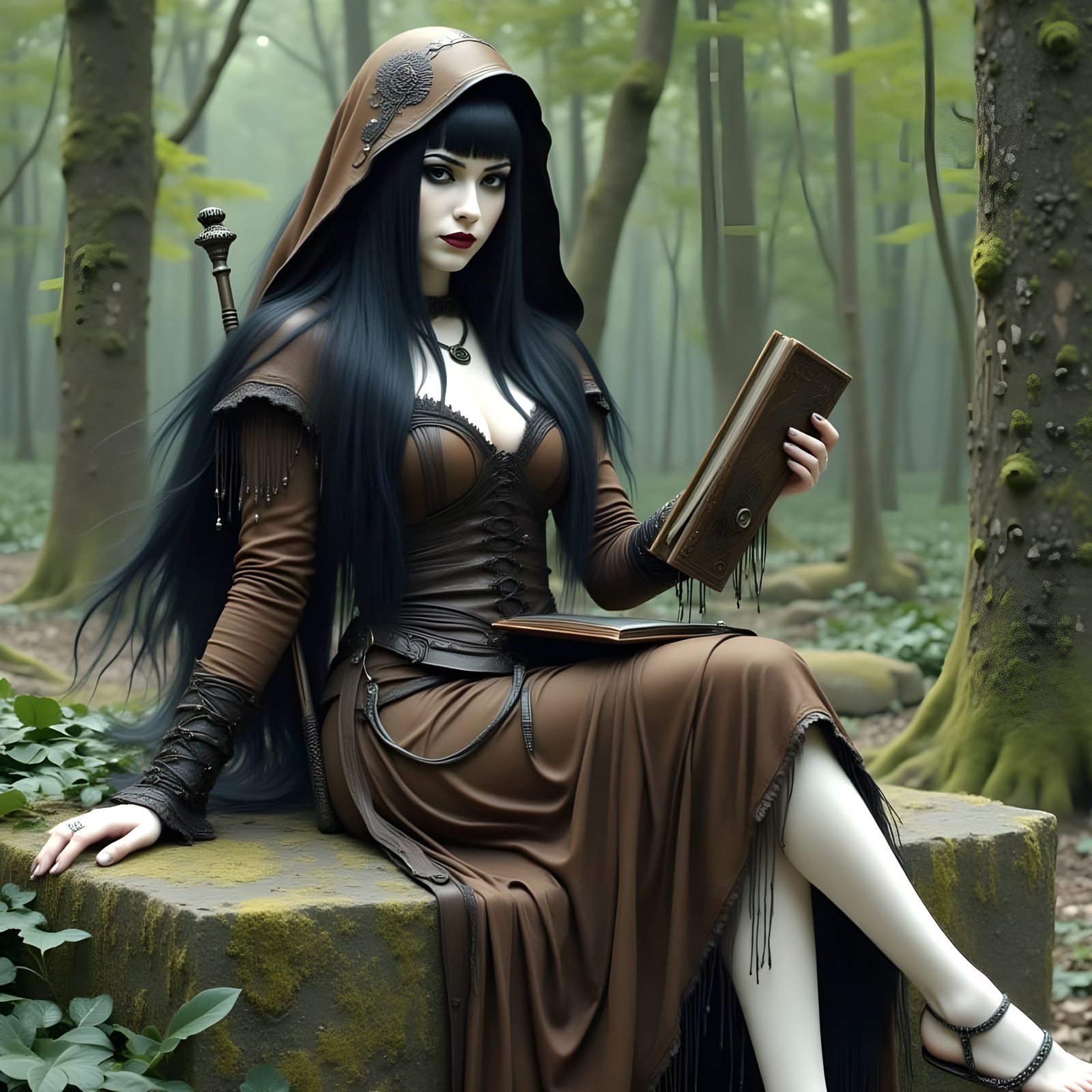 Gothic Sorceress Reads Ancient Tome Outdoors