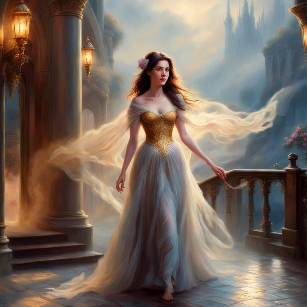 Ethereal Fantasy Figure Amidst Golden Mist
