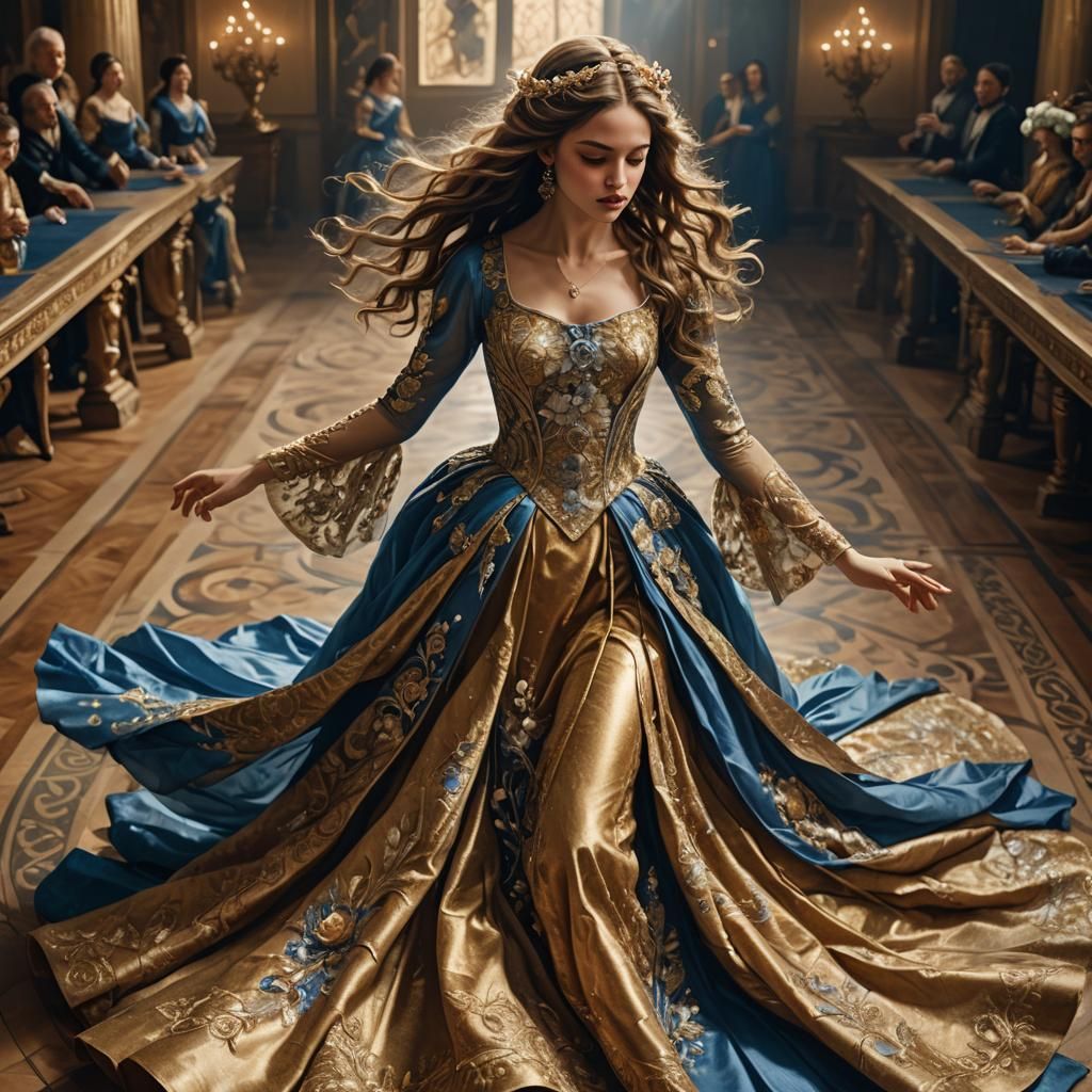 Baroque Woman Dancing in Opulent Ballroom