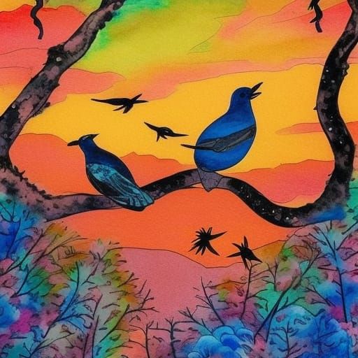 Birds at Sunset: A Gongbi Impressionistic Painting