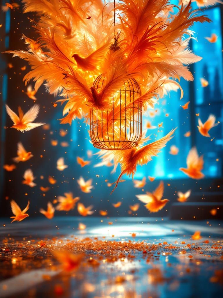 Translucent Feathered Vortex Dancing in Orange Explosion