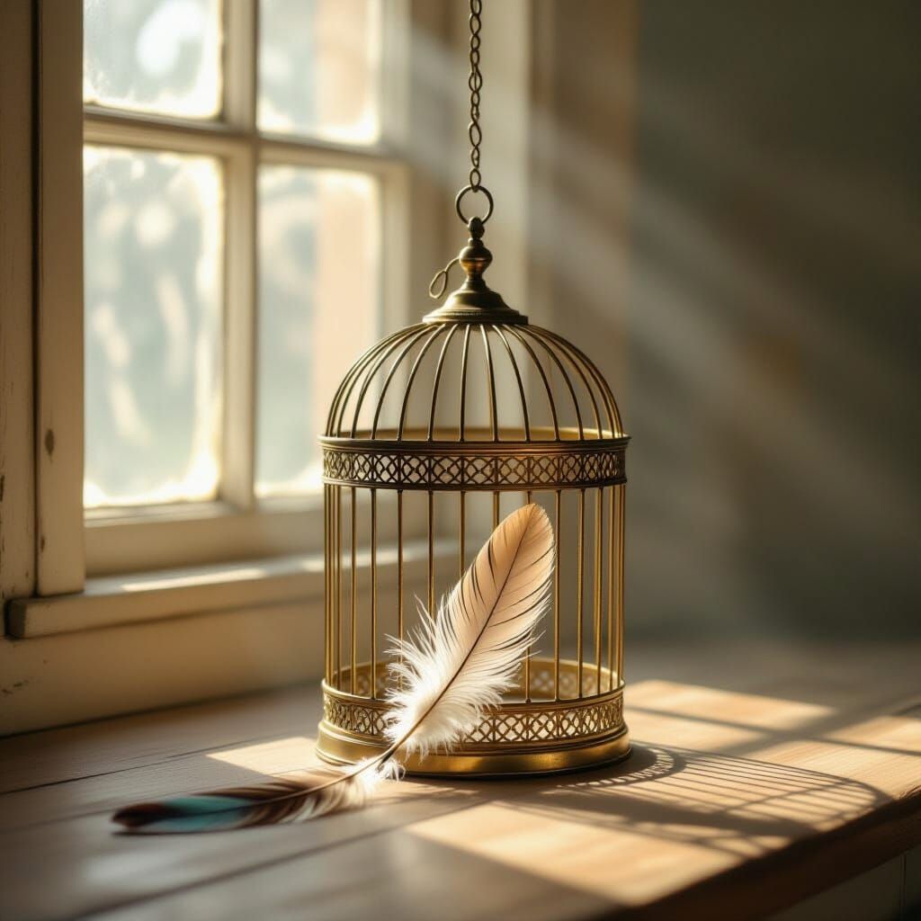 Antique Brass Birdcage with Vibrant Feather in Soft Light