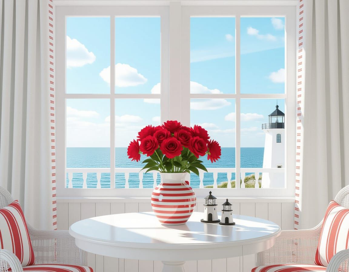Sunny Room with Red Flowers by Ocean View