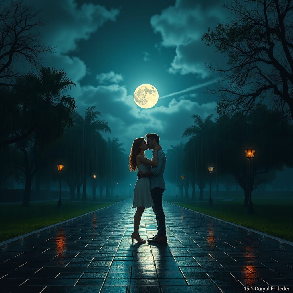 Couple Kissing in Moonlit Park at Night