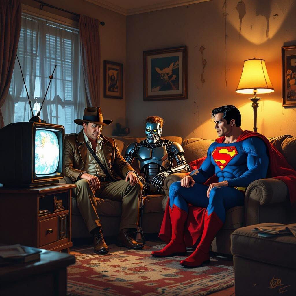 Superheroes Watch Gremlins in Cozy Living Room