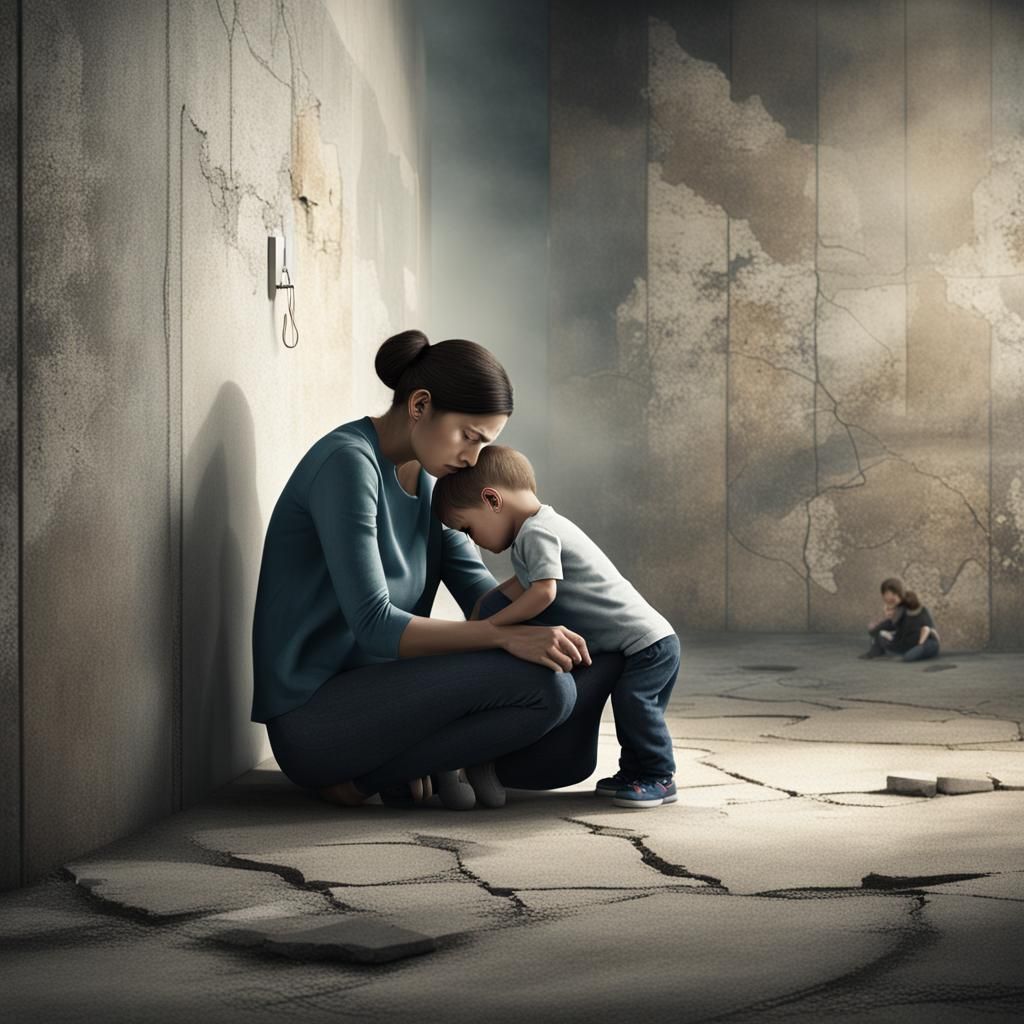 Sad Mother and Child in Matte Painting