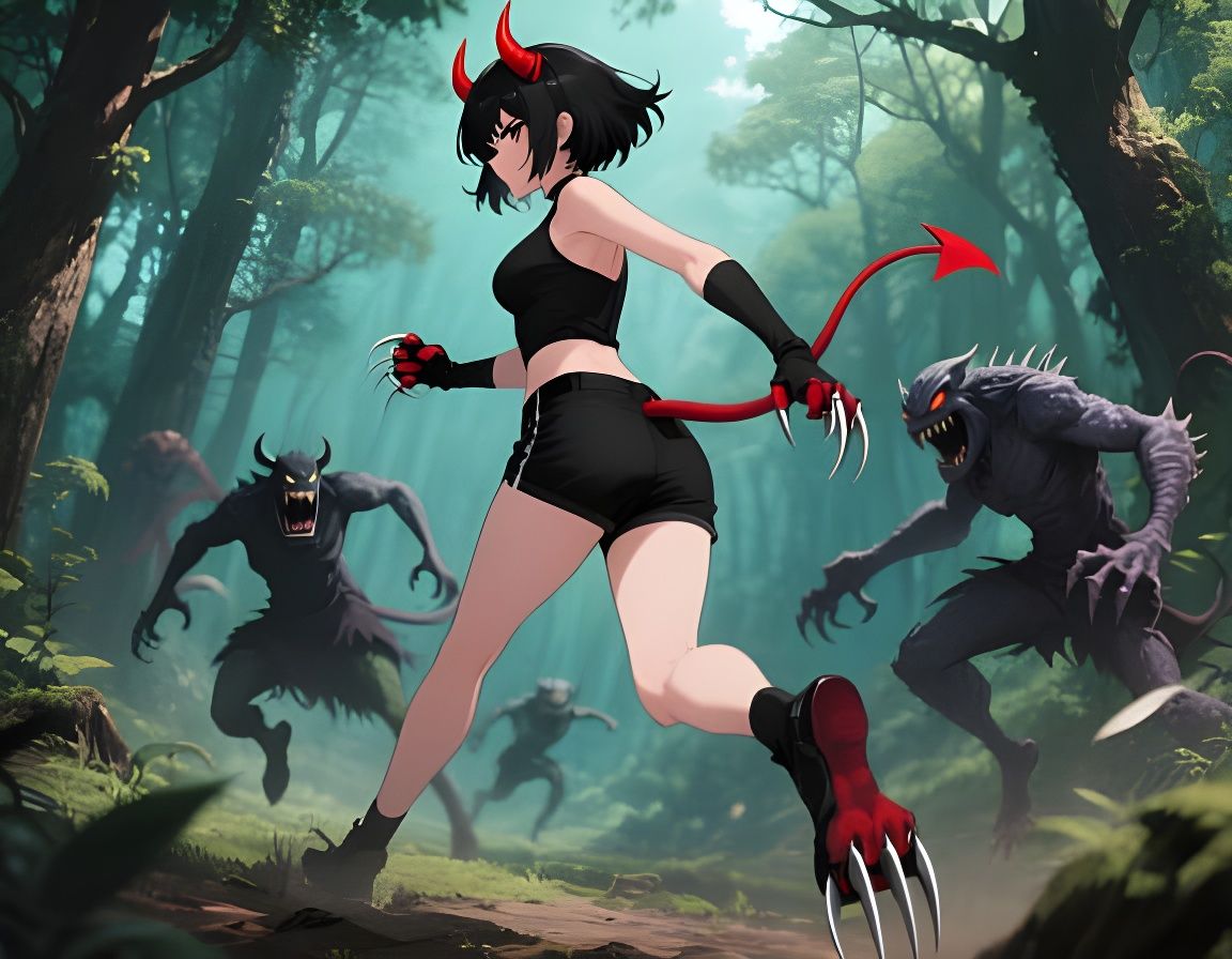 Anime Warrior Woman Fights Monsters in Forest