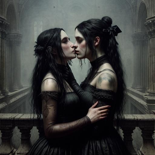 Two goth girls kissing each other