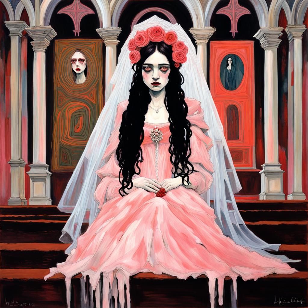 Gothic Anime Vampire Bride Gouache Painting