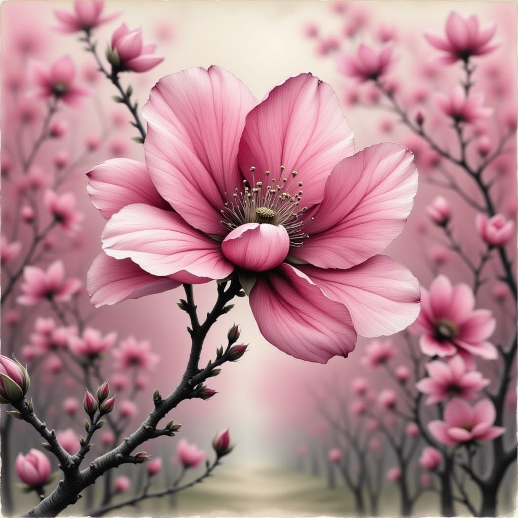 Detailed Apple Blossom in Pink, Charcoal Drawing Style