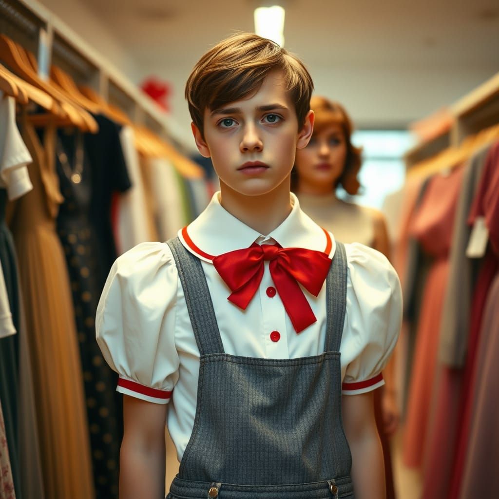 Crisp Uniformed Young Man Overwhelmed in Women's Clothing St...