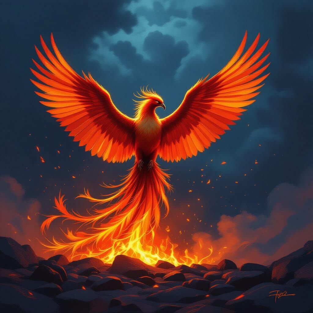 Majestic Phoenix Rises From Embers in Fiery Fantasy Art